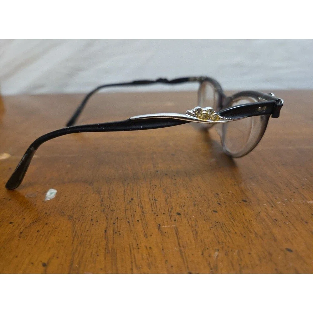 American Optical 1960s Aluminum Frame Cat Eye Glasses Brown Tan Rhinestone Vntg